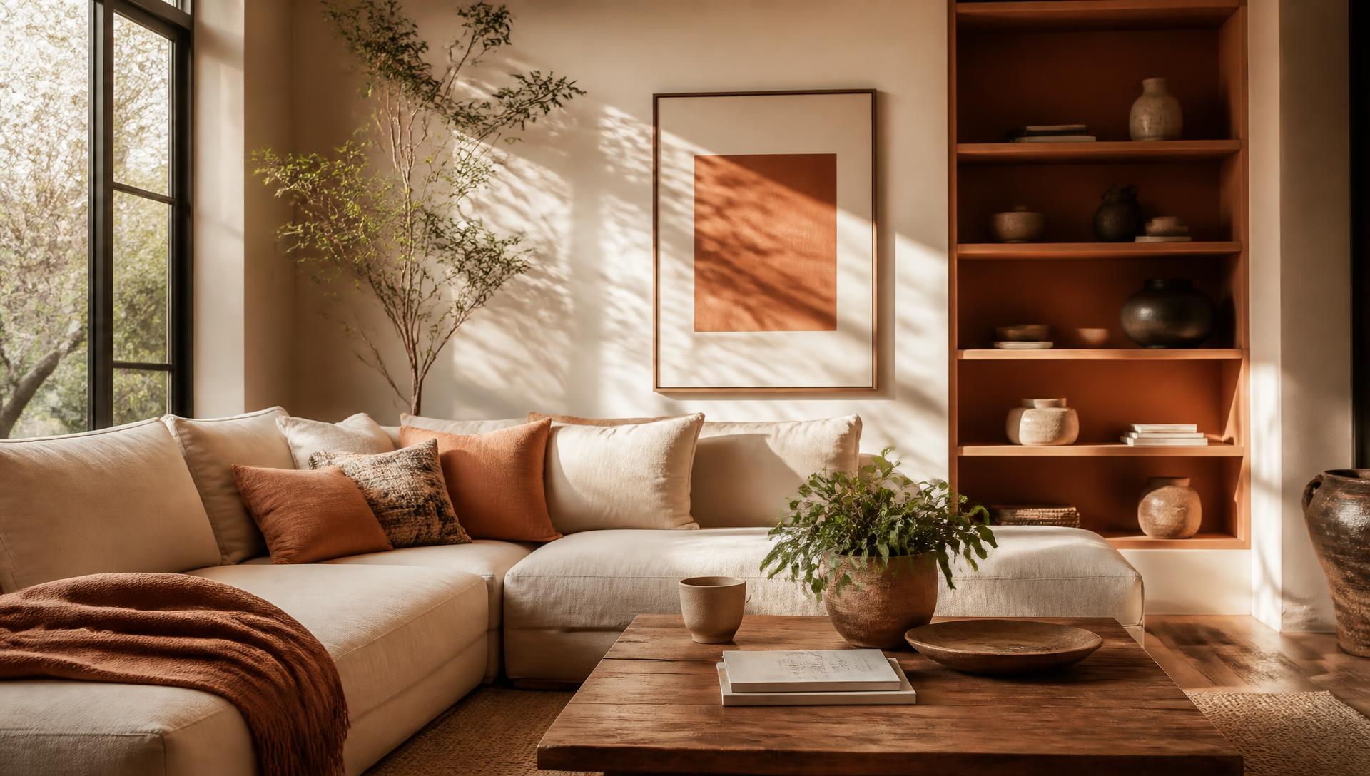 Warm sunlit modern living room with books, plants, and a ceramic cup